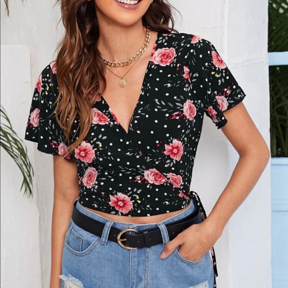 NEW Floral and Dot Print Wrap Tie Side Blouse